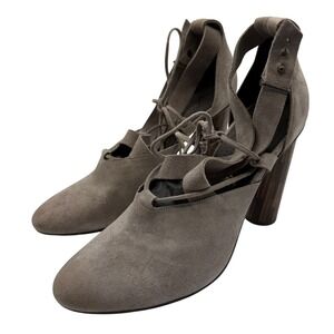 Free People Suede‎ Leather Lace Up Heels Wood Look Chunky High Heel Dress Sz 41